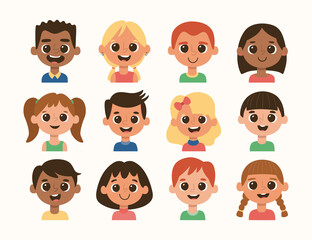 Cartoon children avatar set. Different hair style and skin color. Set 2 of 4.