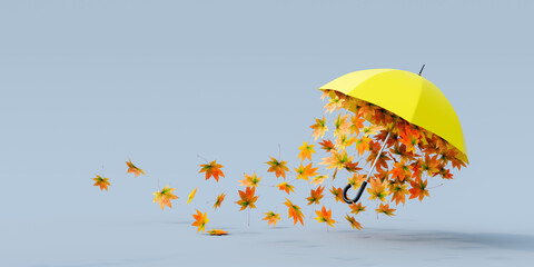 Yellow umbrella flying with colorful autumn leaves on gray background 3D Rendering, 3D Illustration © hd3dsh