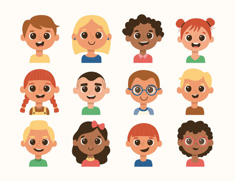 Cute children avatar set. Different hair style and skin color. Cartoon illustration. Set 1 of 4.