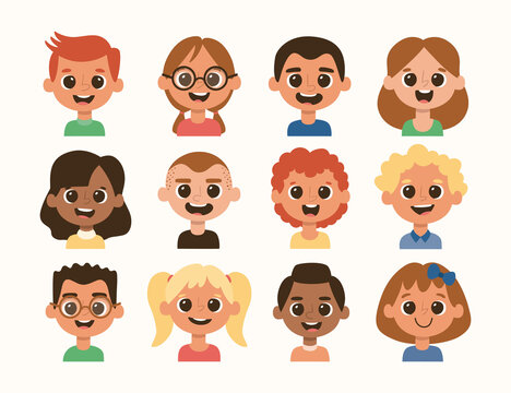 Cute children avatar set in cartoon style. Different hair style and skin color. Vector illustration. Set 3 of 4.