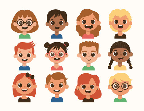 Children avatar set in cartoon style. Different hair style and skin color. Vector illustration. Set 4 of 4.