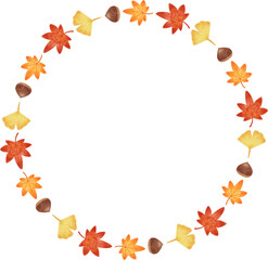 手描き　色鉛筆　紅葉と銀杏　落ち葉のイラストフレーム