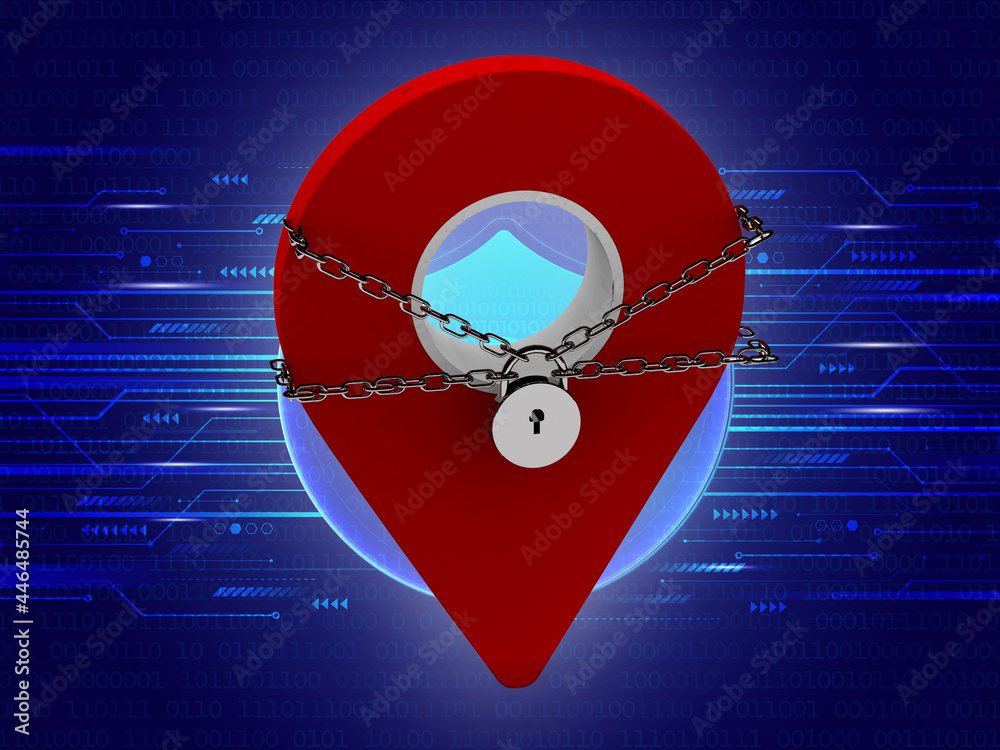 Fototapete red map pointer with security icon isolated ,3d rendering navigation point with chain and pad lock