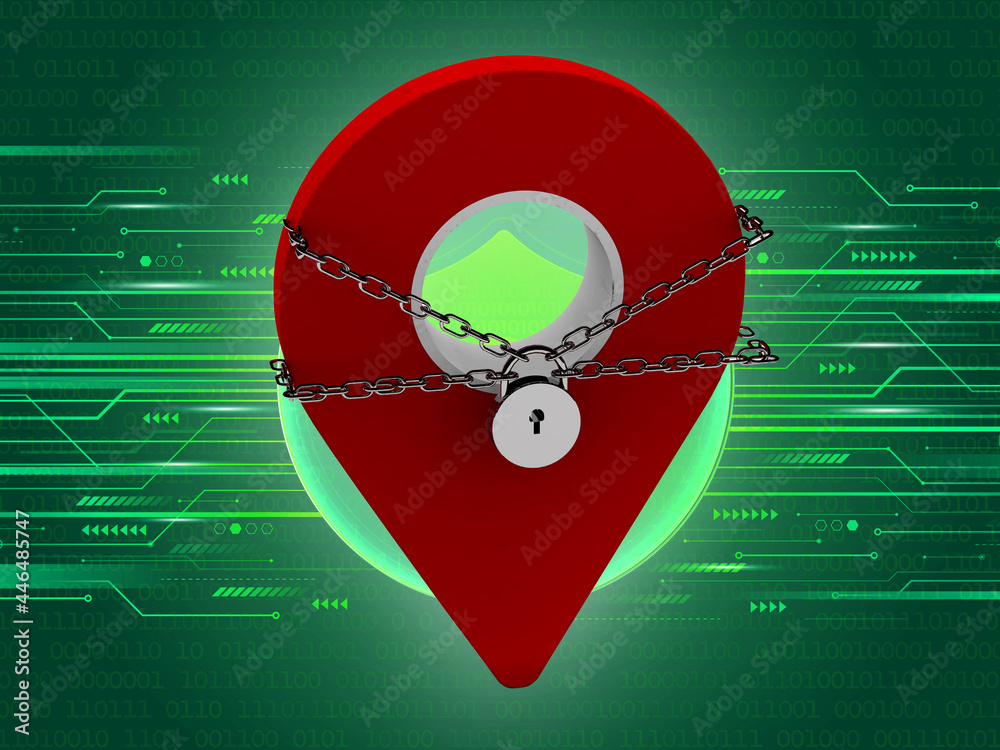 Fototapete red map pointer with security icon isolated ,3d rendering navigation point with chain and pad lock