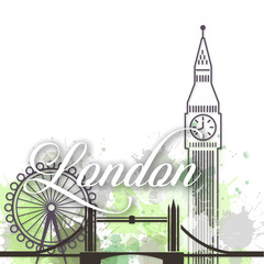 Welcome to London popular landmarks monument skyline watercolor and line art - obrazy, fototapety, plakaty