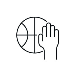 Hand with ball linear icon. Basketball. Thin line customizable illustration. Vector isolated outline drawing. Editable stroke
