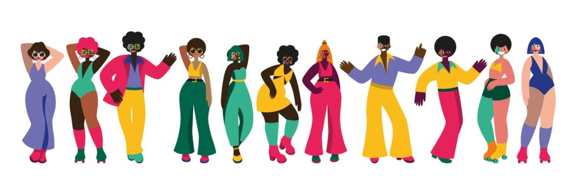 Vector set of dancing people. Disco and fashion of 70s
