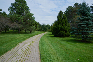Beautiful colorful summer spring natural landscape with a lake in Park surrounded by green foliage of trees in sunlight and stone path in foreground.