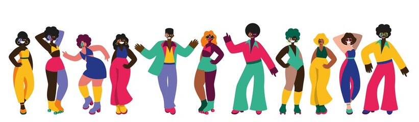 Obraz na płótnie Canvas Vector set of dancing people. Disco and fashion of 70s
