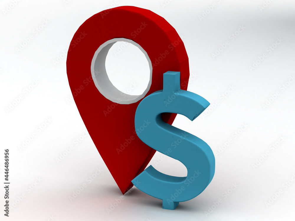 Aufkleber map pointer with bitcoin, 3d rendering