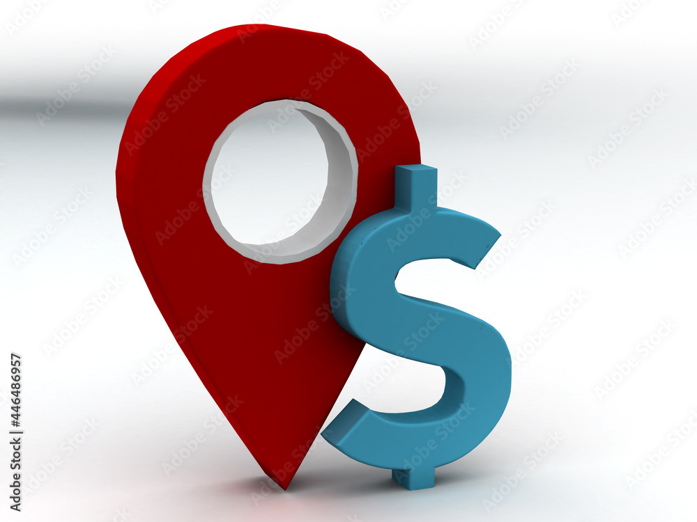 Aufkleber map pointer with bitcoin, 3d rendering