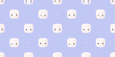 Fototapeta premium Seamless pixel art cute pattern with marshmallows. Kawaii 8 bit marshmallows sweet pattern for textile, fabric, paper, decor, wrapping on blue background. Simple backdrop retro marshmallow pattern.