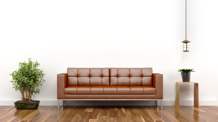 Modern living room interior with Leather sofa and empty white wall as a background.	