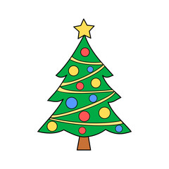 Christmas tree with decorations and garland isolated object on white background vector illustration in colored doodle style. Merry Christmas Happy New Year celebration greetings card design element. 