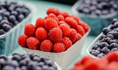 Small paper boxes with blueberries and raspberries displayed on food market, closeup detail