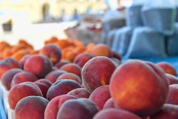 Peaches and apricots and other fruit and vegetables for sale at local farmers market. Fresh organic produce for sale at local farmers market