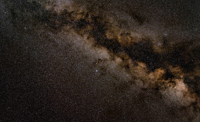 Night sky, many stars with milky way around Aquila constellation visible. Long exposure stacked photo