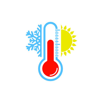 Thermometer for measuring air temperature. Sun and snowflake as a symbol of cold and warmth. Vector illustration, flat minimal color cartoon design isolated on white background, eps 10.