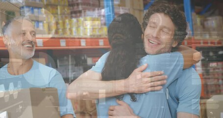 Statistical data processing over diverse male and female volunteers hugging each other at warehouse - Powered by Adobe