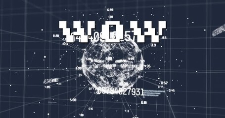 Animation of wow text over network of connections and data processing on grid - Powered by Adobe