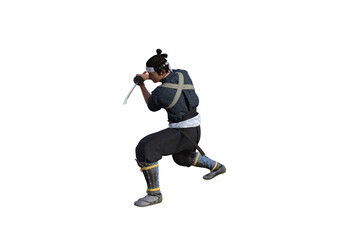 Chinese fighter poses with sword for your scenes specially for collage, isolated on white background. 3D illustration. 3D rendering.