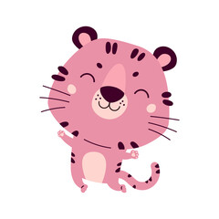 Happy Chinese New Year greeting card 2022. Funny animal in the Chinese zodiac. Tiger zodiac symbol. Chinese New Year character design concept. Cute pink tiger. Cartoon vector illustration.