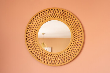 Wall mount round decorative wall wooden mirror, whit living room reflections, modern bamboo design...