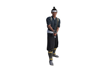 Chinese fighter poses with sword for your scenes specially for collage, isolated on white background. 3D illustration. 3D rendering.