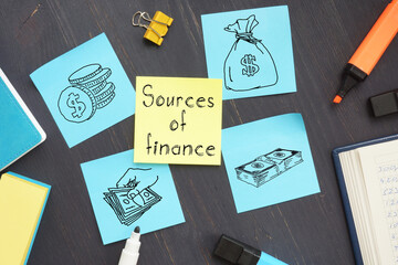 Sources of finance is shown on the business photo using the text