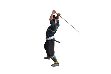 Obraz premium Chinese fighter poses with sword for your scenes specially for collage, isolated on white background. 3D illustration. 3D rendering.