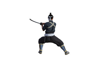 Chinese fighter poses with sword for your scenes specially for collage, isolated on white background. 3D illustration. 3D rendering.