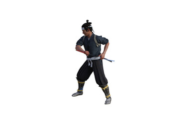 Chinese fighter poses with sword for your scenes specially for collage, isolated on white background. 3D illustration. 3D rendering.