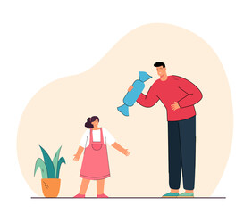 Man giving giant candy to little girl giant. Flat vector illustration. Dad giving sweetness to happy daughter by encouraging her behavior and showing love. Family, joy, gift, treat, childhood concept