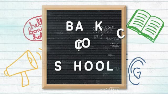 Back to school text on wooden slate against school concept icons and mathematical equations floating