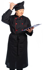 an elderly chef is holding a menu and a pencil. the specialist pondered a recipe or a guest list. isolated white background