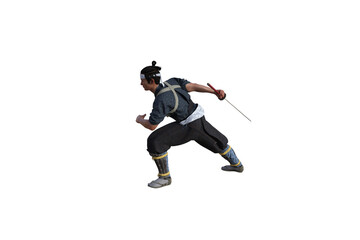 Fototapeta premium Chinese fighter poses with sword for your scenes specially for collage, isolated on white background. 3D illustration. 3D rendering.