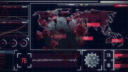 Animation of covid 19 cell over statistics world map and data processing