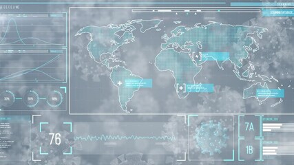 Animation of covid 19 cell over statistics world map and data processing