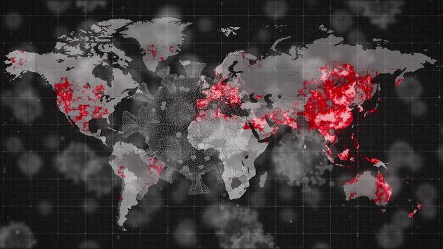 Animation of covid 19 cell over world map and data processing - Powered by Adobe
