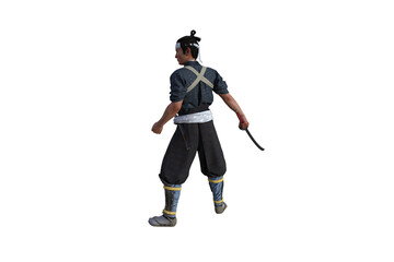 Chinese fighter poses with sword for your scenes specially for collage, isolated on white background. 3D illustration. 3D rendering.