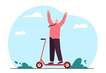 Happy man on scooter flat vector illustration. Man in suit enjoying life, riding scooter, moving around city quickly and with pleasure. Transport, electric scooter, hobby, modern technologies concept