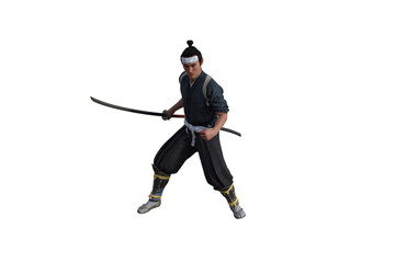 Chinese fighter poses with sword for your scenes specially for collage, isolated on white background. 3D illustration. 3D rendering.