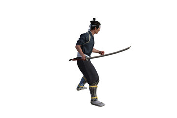 Chinese fighter poses with sword for your scenes specially for collage, isolated on white background. 3D illustration. 3D rendering.