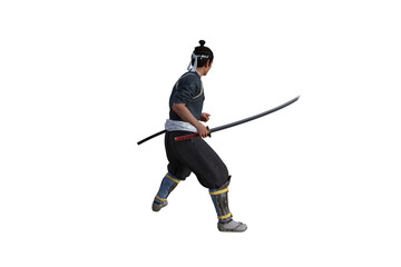 Chinese fighter poses with sword for your scenes specially for collage, isolated on white background. 3D illustration. 3D rendering.