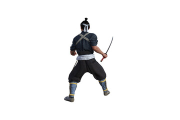Fototapeta na wymiar Chinese fighter poses with sword for your scenes specially for collage, isolated on white background. 3D illustration. 3D rendering.
