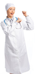 female doctor in a white coat and hat. points to the side, smiling at us. place for an inscription. the medic opened his mouth with delight. isolated, white background