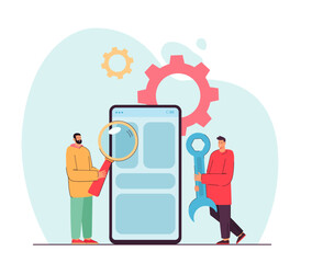 Tiny men doing maintenance on giant smartphone. Flat vector illustration. Men setting up mobile electronic device with magnifying glass, wrench. Software, repair, equipment, technology concept