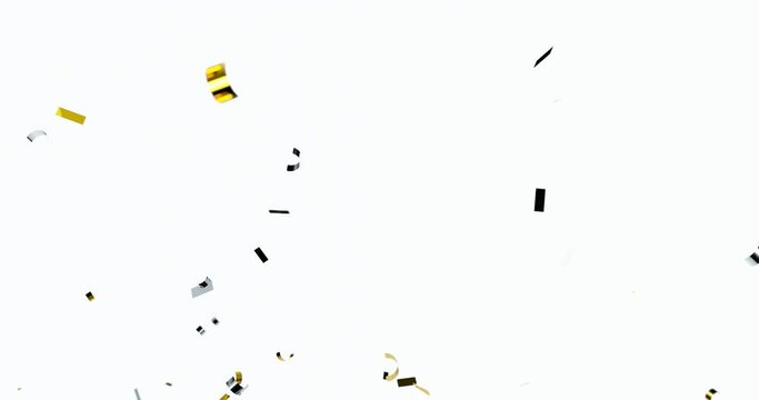 Gold eonfetti explosions on a white background. Animation of gold confetti falling. 3d animation, 4K.