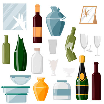 Collection of waste glass on a white background.Bottles, glasses, vases and other rubbish. Glass products. Recyclable glass trash vector illustration