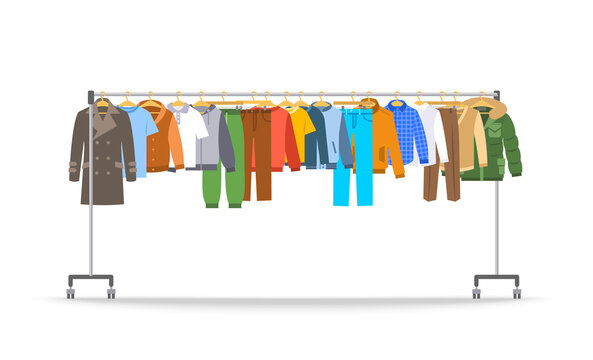 Men clothes on long rolling hanger rack. Many different male garments hanging on store hanger stand with wheels. Flat cartoon vector illustration. Graphic element for sale banner. Isolated on white